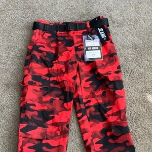 Red and black camo print pants